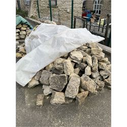 Large quantity of medium walling stone - in three piles under three covers - THIS LOT IS TO BE VIEWED AND COLLECTED BY APPOINTMENT FROM THE CAYLEY ARMS, HIGH STREET, BROMPTON-BY-SAWDON, YO13 9DA
