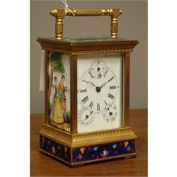  20th century brass and cloisonne carriage clock, white enamel dial with subsidiary seconds, date and day dials, painted enamel side panels, H17.5cm  