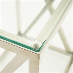 Pair of modern chrome lamp tables, rectangular plate glass top on polished chrome frame, the sides formed with X-frame stretchers, raised on square supports with lower glass tier 