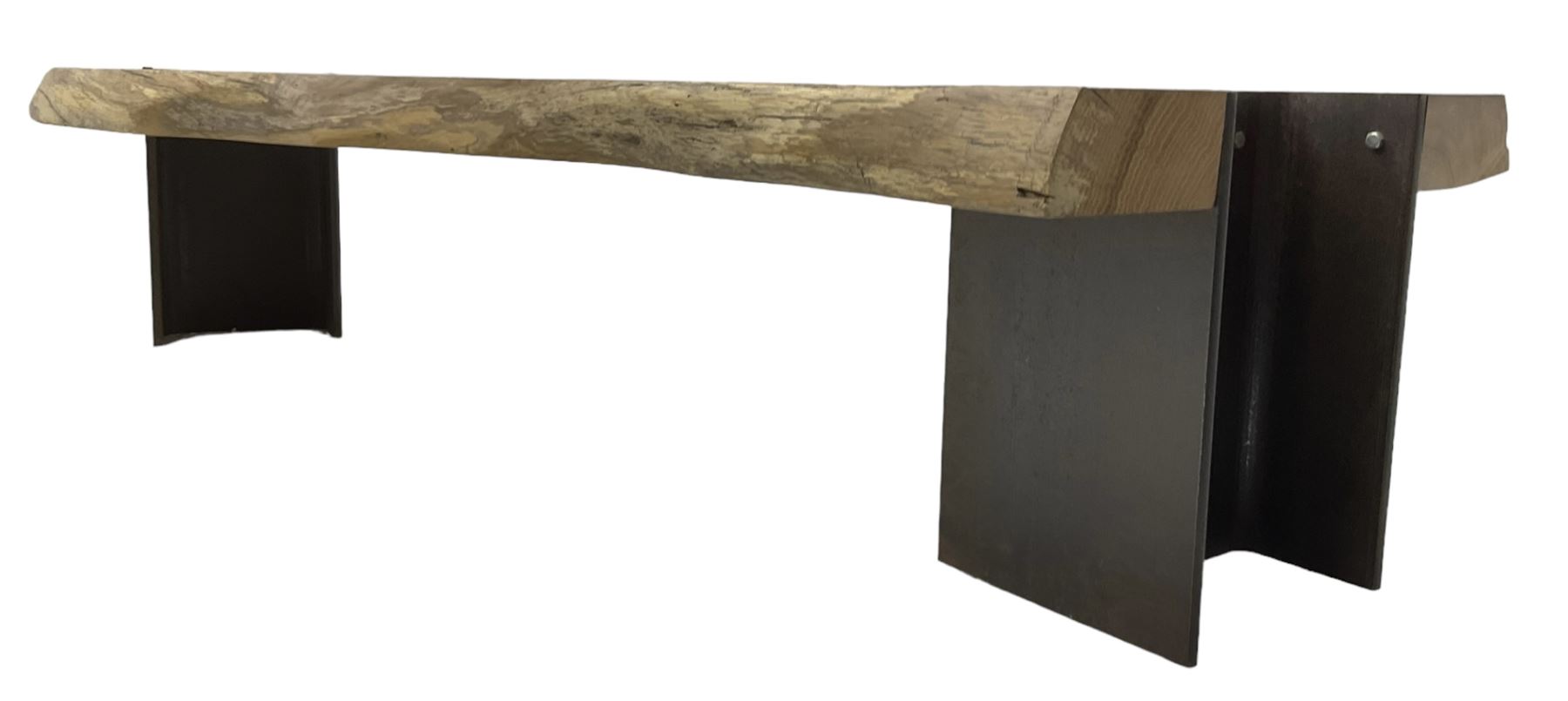 Raw edge shaped oak plank bench or side table on steel RSJ supports
