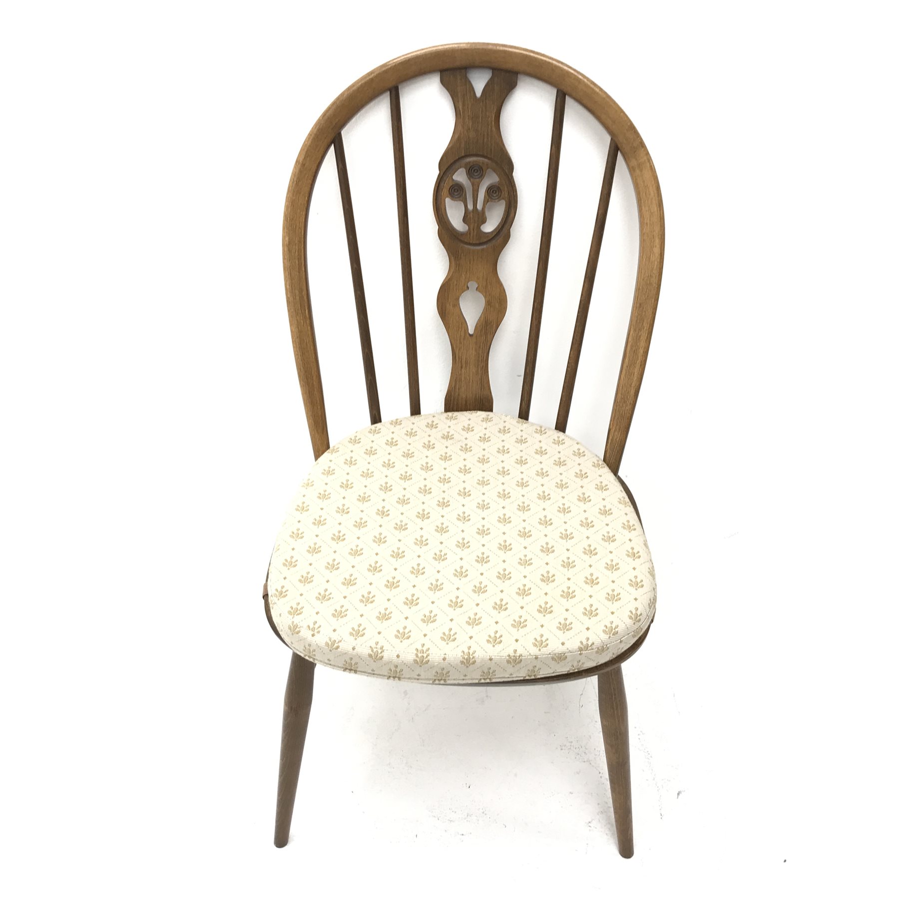 Ercol elm Old Colonial extending pedestal dining table with single leaf (W115cm and 165cm, H73cm, D115cm) and set six hoop back dining chairs (W43cm) 