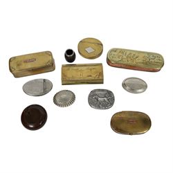 Collection of tobacco boxes and similar, including brass examples, together with match holder with silver collar, ashtray etc  