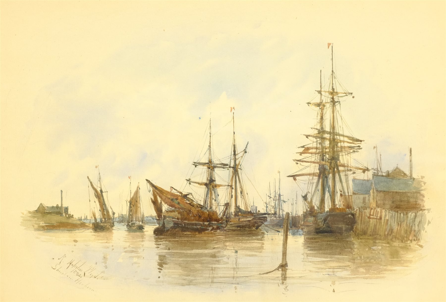Robert Malcolm Lloyd (British 1859-1907): 'Shoreham Harbour', watercolour signed, titled and dated 1883, 17cm x 24cm