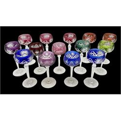 Set of ten coloured hock glasses, with faceted stems and a set of four similar hock glasses, H20cm (14)