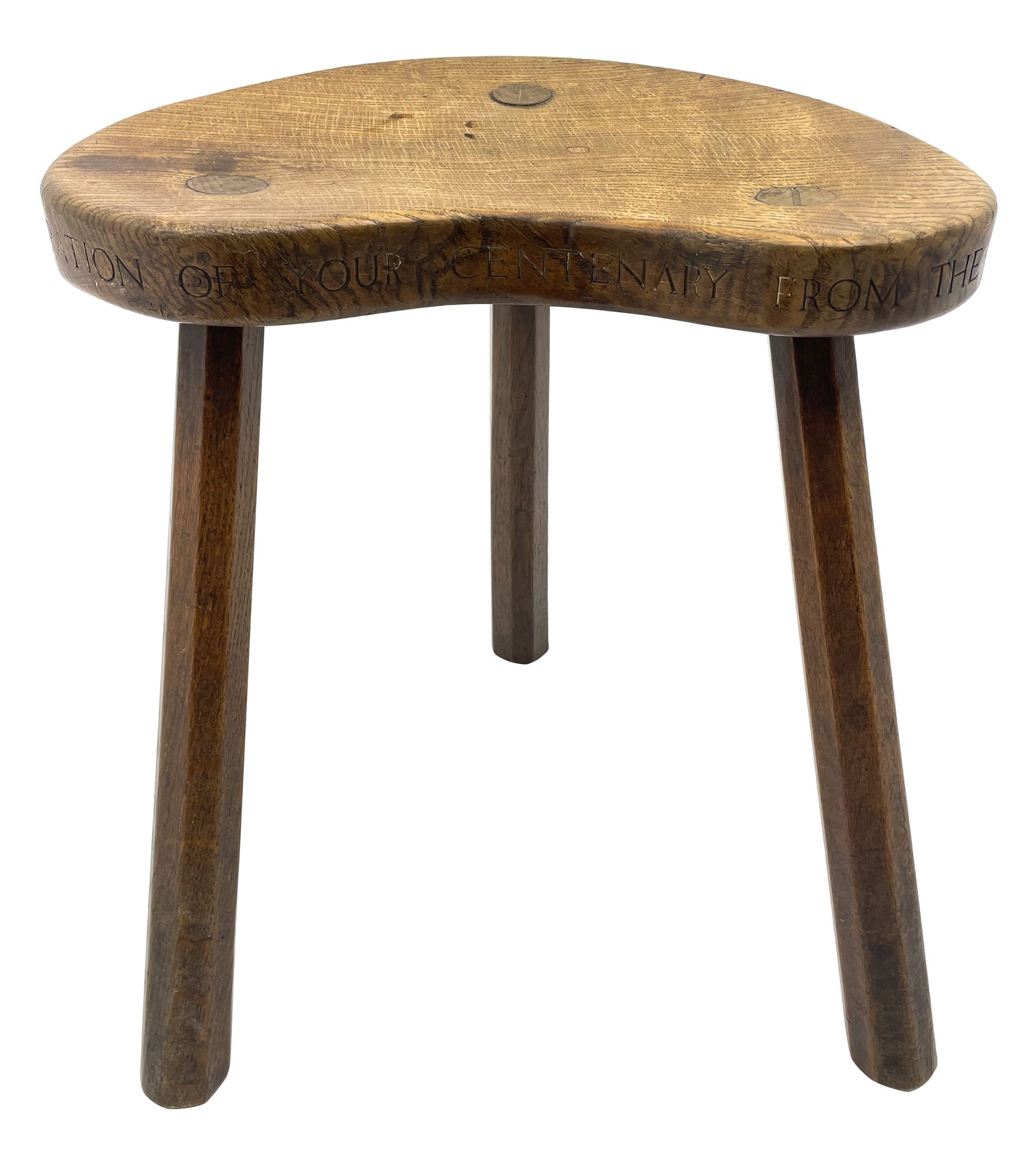 'Mouseman' early 1960s oak stool, dished kidney shaped seat inscribed on edge 