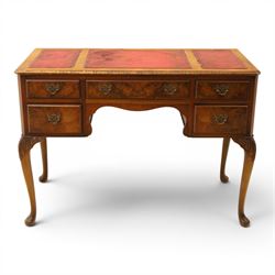 Early 20th century Queen Anne design figure walnut desk, triple inset leather writing surf...