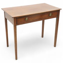 George III mahogany side table, rectangular top over single drawer, fitted with brass ring handles and pressed circular plates, on square tapering supports
