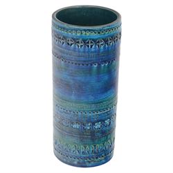 Bitossi pottery Rimini Blu vase, 1970s, designed by Aldo Londi, of cylindrical form, with impressed details, with painted marks beneath, H18cm