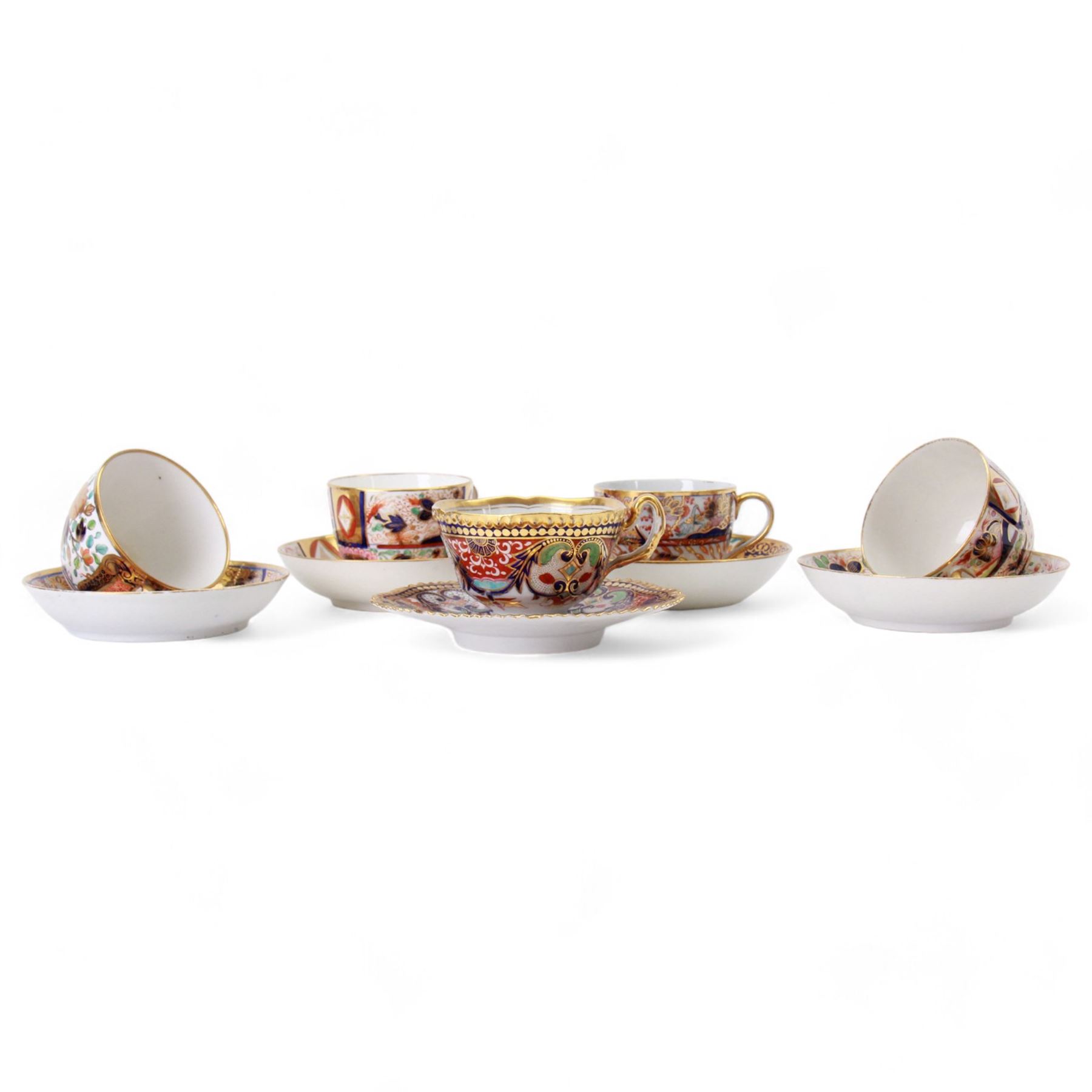 Five 19th century Imari palette tea cups and saucers, comprising Chamberlain Worcester example decorated in the 240 Japan or Nelson pattern circa 1810, Worcester Flight, Barr & Barr example circa 1820, Spode 1220 pattern circa 1805, and further pair, probably Coalport, each cup approximately H6cm D8cm, saucer D14cm
