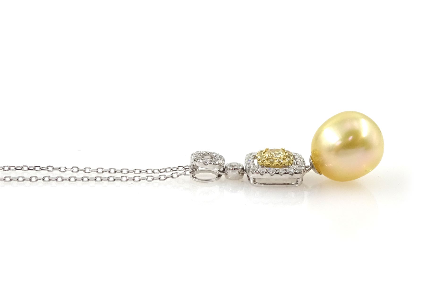 18ct white gold pearl and diamond pendant necklace, single yellow cultured pearl suspending from a cluster of cushion cut and round brilliant cut fancy yellow gold diamonds and white diamond surround, total diamond weight approx 0.50 carat