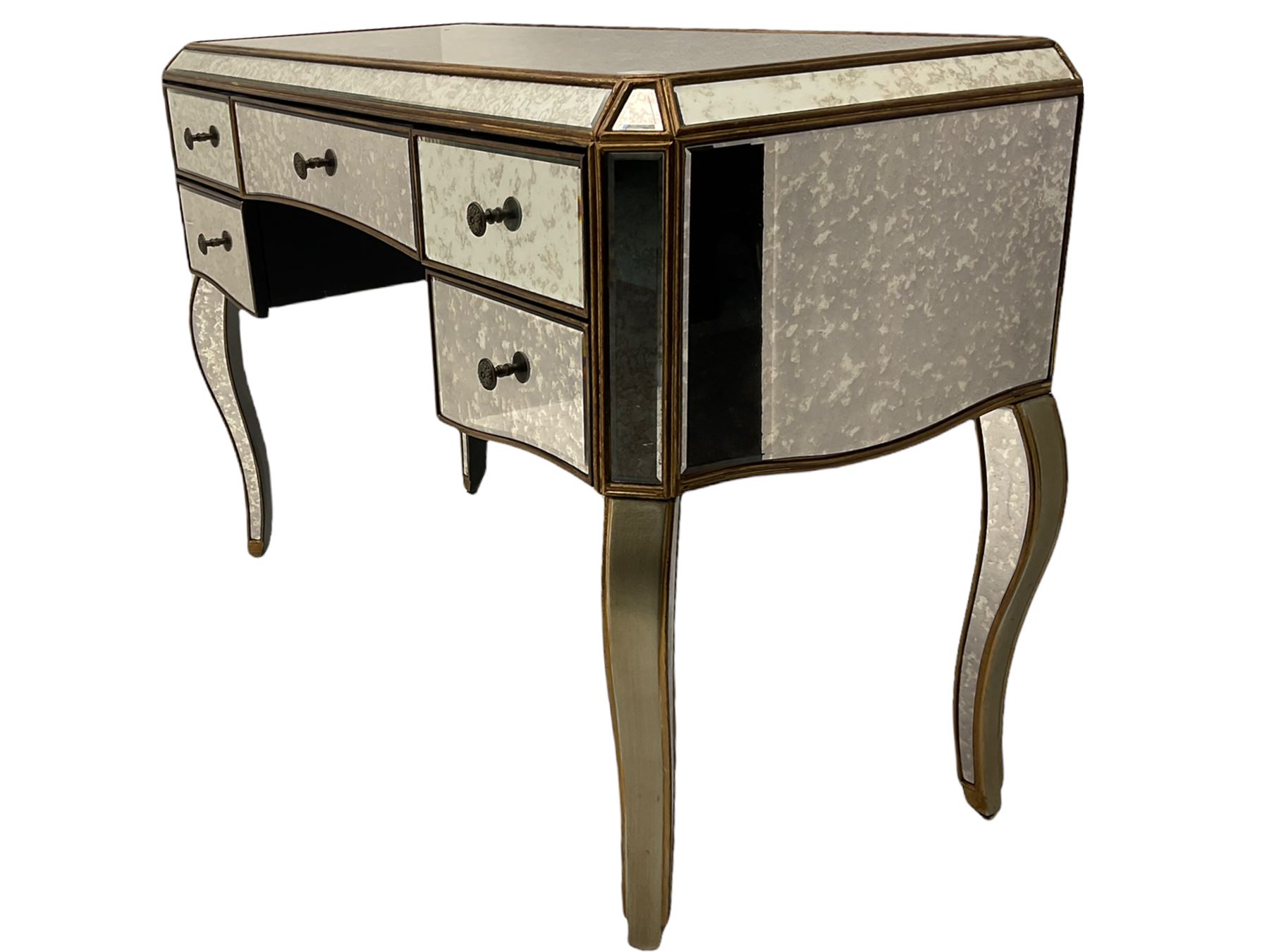 Contemporary mirrored dressing table, bevelled and antique style plates, fitted with five drawers, on cabriole supports 