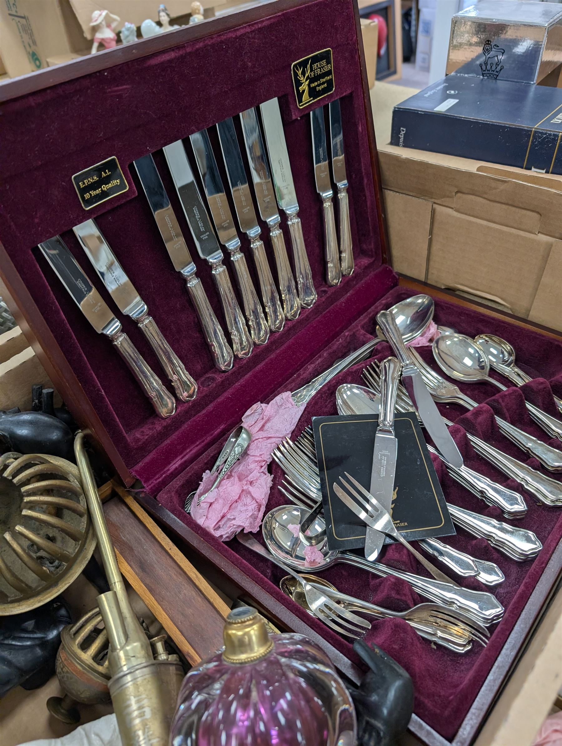 Silver plated cocktail shaker and goblets, knot display, House of Fraser silver plated canteen, costume jewellery, etc 