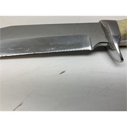 German Original Puma-Bowie knife, with maker's name and number 6396 to the 16.5cm blade, stamped number 73373 to the guard, antler grip, in original hard plastic case with brown leather sheath, also marked Puma