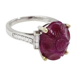 18ct white gold carved ruby ring, set with two baguette cut diamonds either side and diamond set shoulders, ruby approx 6.00 carat