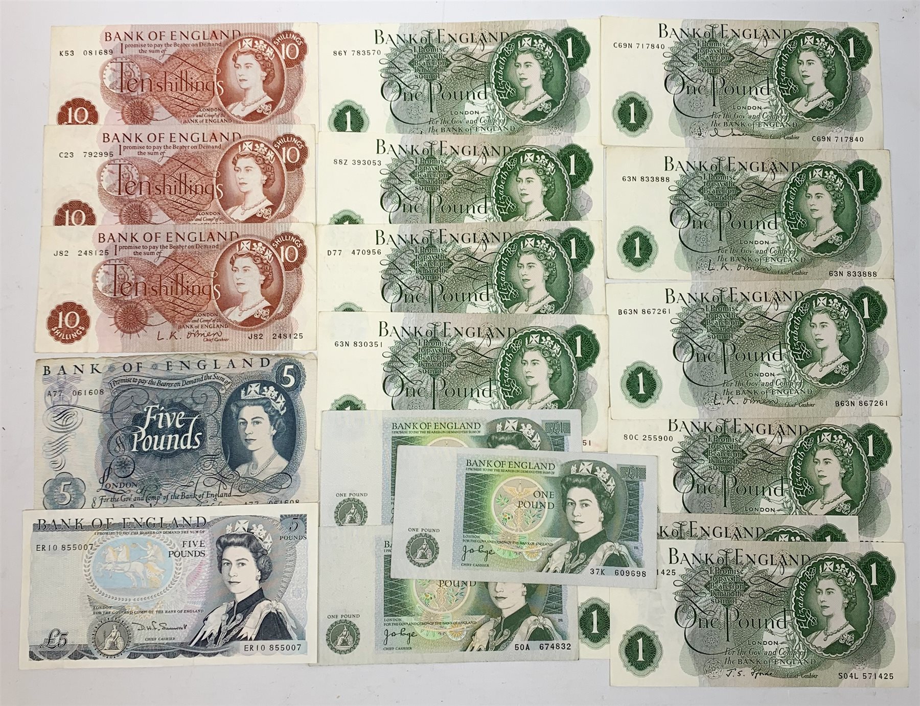 Bank of England notes including Hollom portrait series C five pounds 'A77', Somerset Duke of Wellington five pounds 'ER10', various one pound notes etc, face value approximately twenty-four pounds