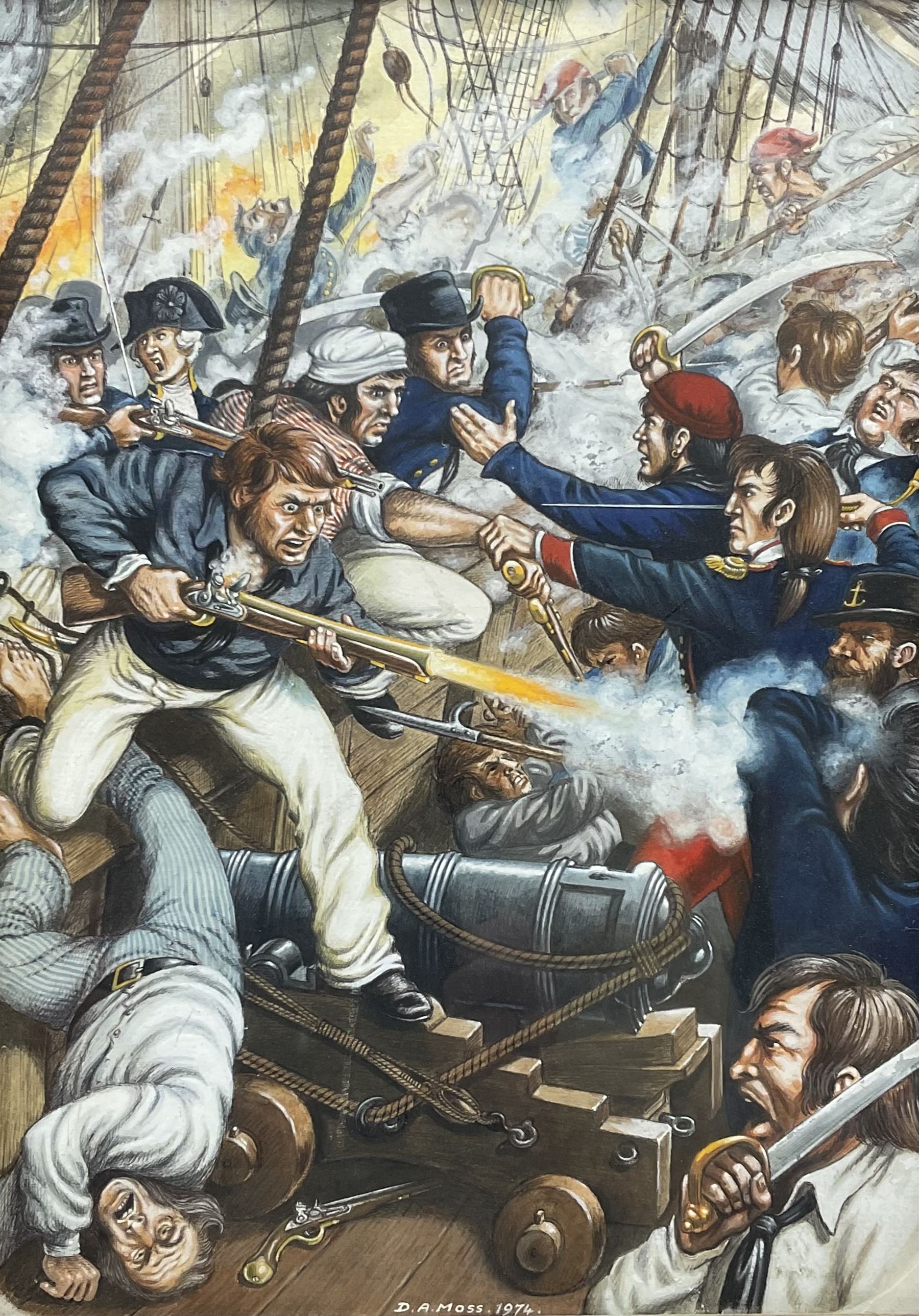 DA Moss (British 20th century): Napoleonic Naval Battle Scene, watercolour signed and dated 1974, 35cm x 25cm