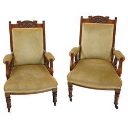Pair of late Victorian mahogany carved open armchairs, with carved cresting rail, above up...