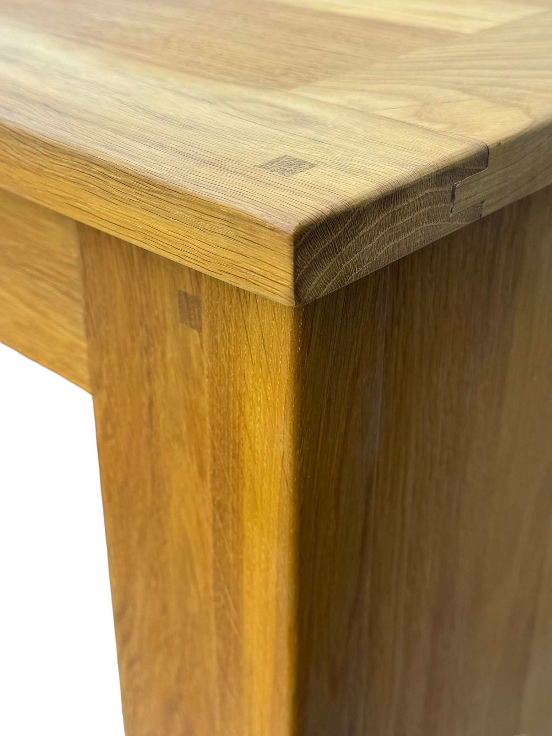 Laura Ashley - contemporary Milton oak display cabinet, featuring single door with two glass panels and pewter effect handle, enclosing one fixed oak shelf and two adjustable glass shelves, access hole at the bottom shelf, over single drawer with matching handle, on square legs