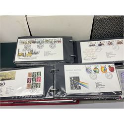 Stamps including Great British and Channel Islands first day covers, with various postmarks and genres, reference material etc, housed in various folders and loose, in one box