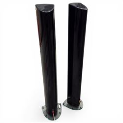 pair of 'Definitive' speakers on glass stands, speakers H120cm