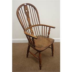  19th century elm and ash high back Windsor armchair, pierced splat and stick back, turned supports with H stretcher  