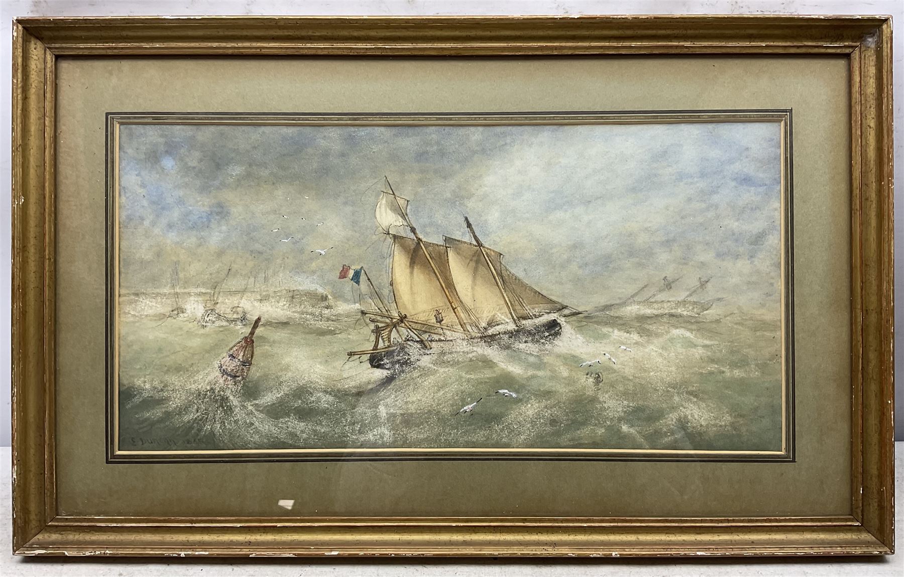 Edward Duncan (British 1803-1882): 'French Boats in a Squall', watercolour with scratching out signed and dated 1865, titled on label verso 22cm x 46cm 
