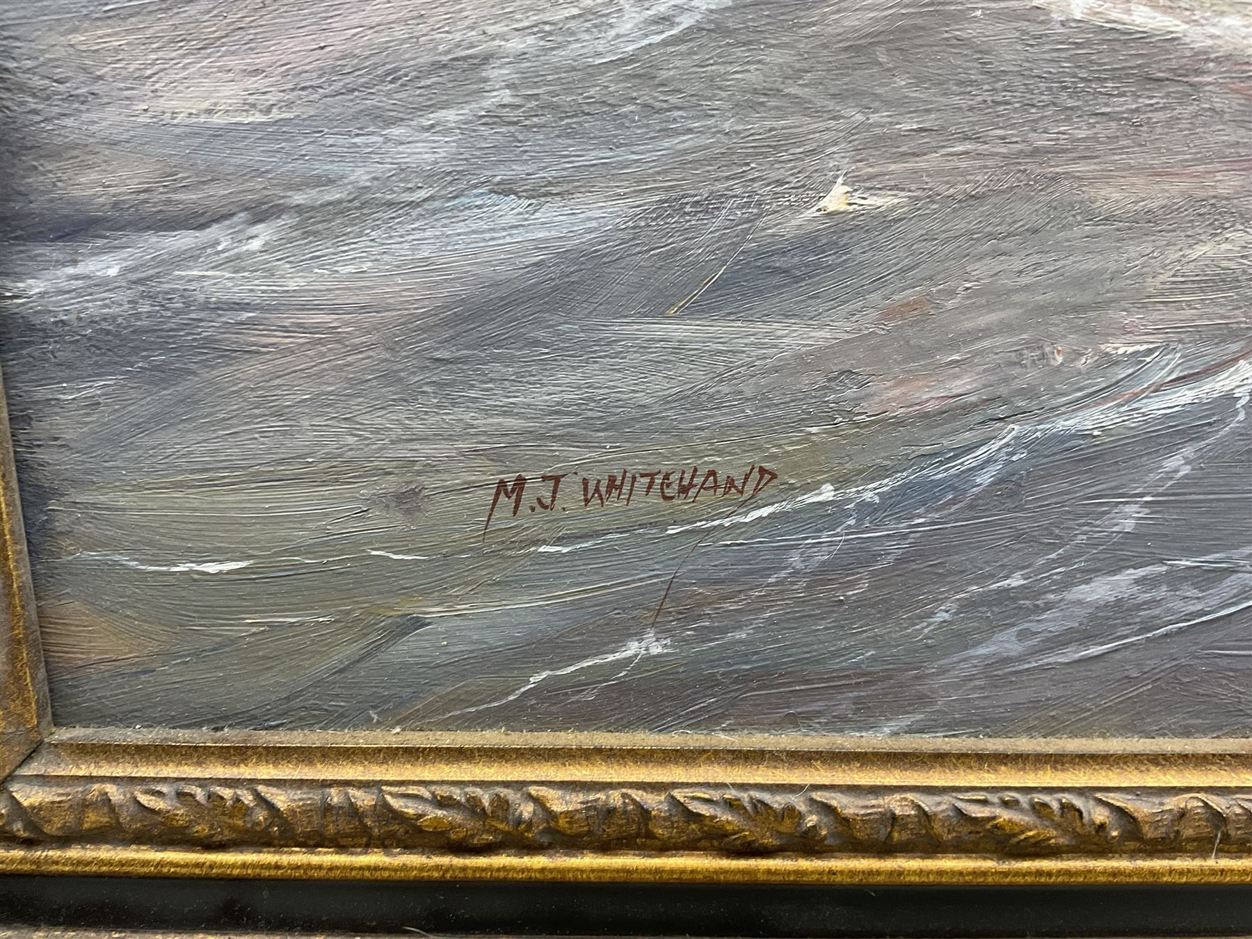 Michael J Whitehand (British 1941-): Naval Battle, oil on canvas signed 75cm x 100cm