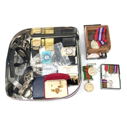  WW2 Defence and War Medal and miniature medals including enamel MBE, 1797 cartwheel penny, Georgian silver vinaigrette, lighters, wristwatches etc   