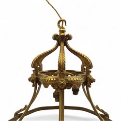 Late Victorian gilt bronze neoclassical style open chandelier, open crown form suspended chandelier with hook finial and downward sweeping reeded and scrolled arms forming a canopy with six acanthus decorated ribs, lower section outward curved ribs forming a circular hoop detailed with fluted ornament and small foliate clasps, wired for electricity 