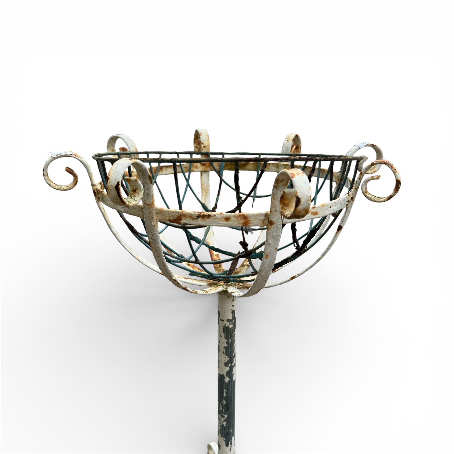 Two plant stands in a weathered white finish with wire baskets