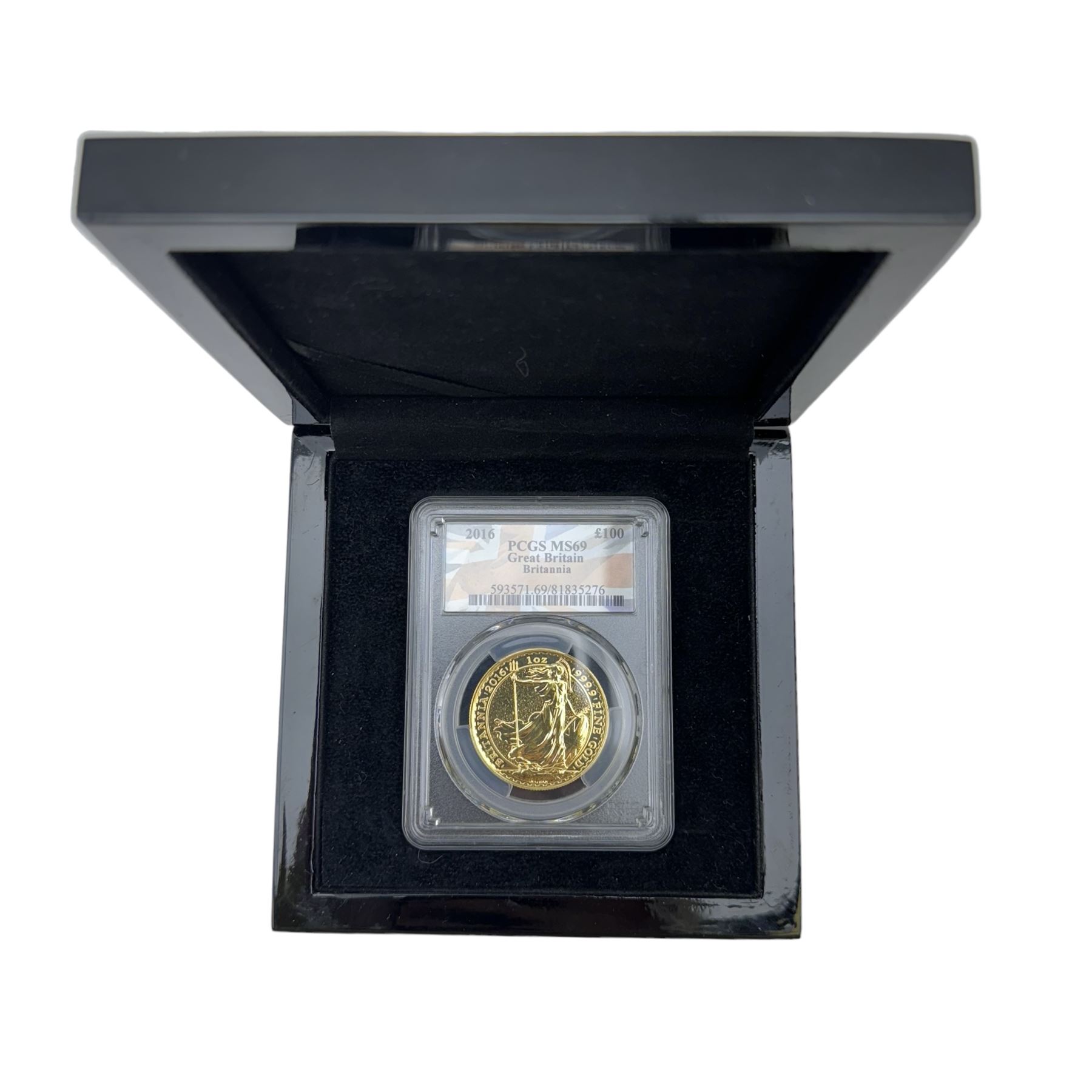 Queen Elizabeth II 2016 one ounce fine gold one hundred pounds Britannia coin, encapsulated and graded by PCGS 'MS69'