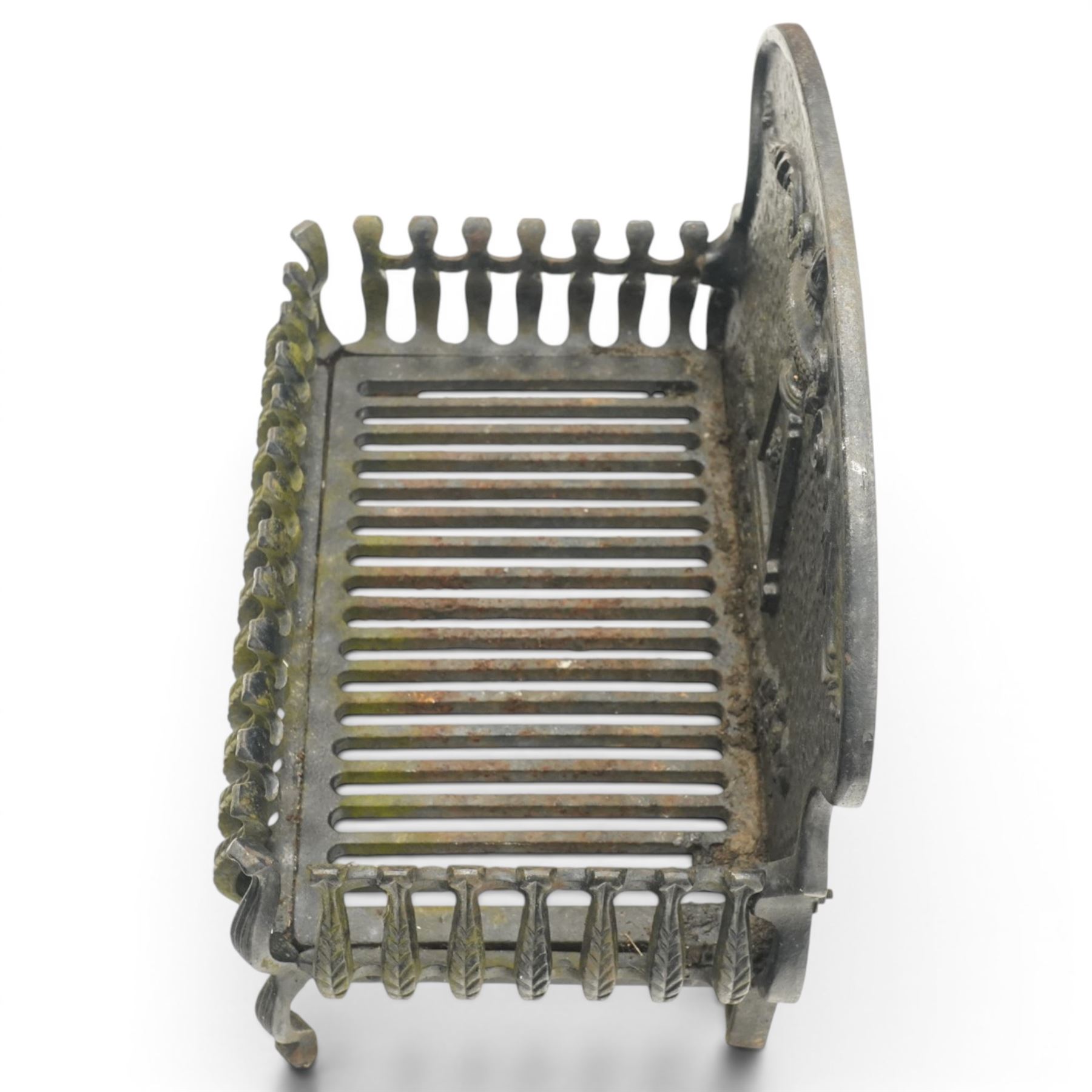 Adam style cast iron fire grate, shaped arched back plate cast with classical urn and scrolling acanthus, railed basket with pierced grate bars, on four cabriole supports