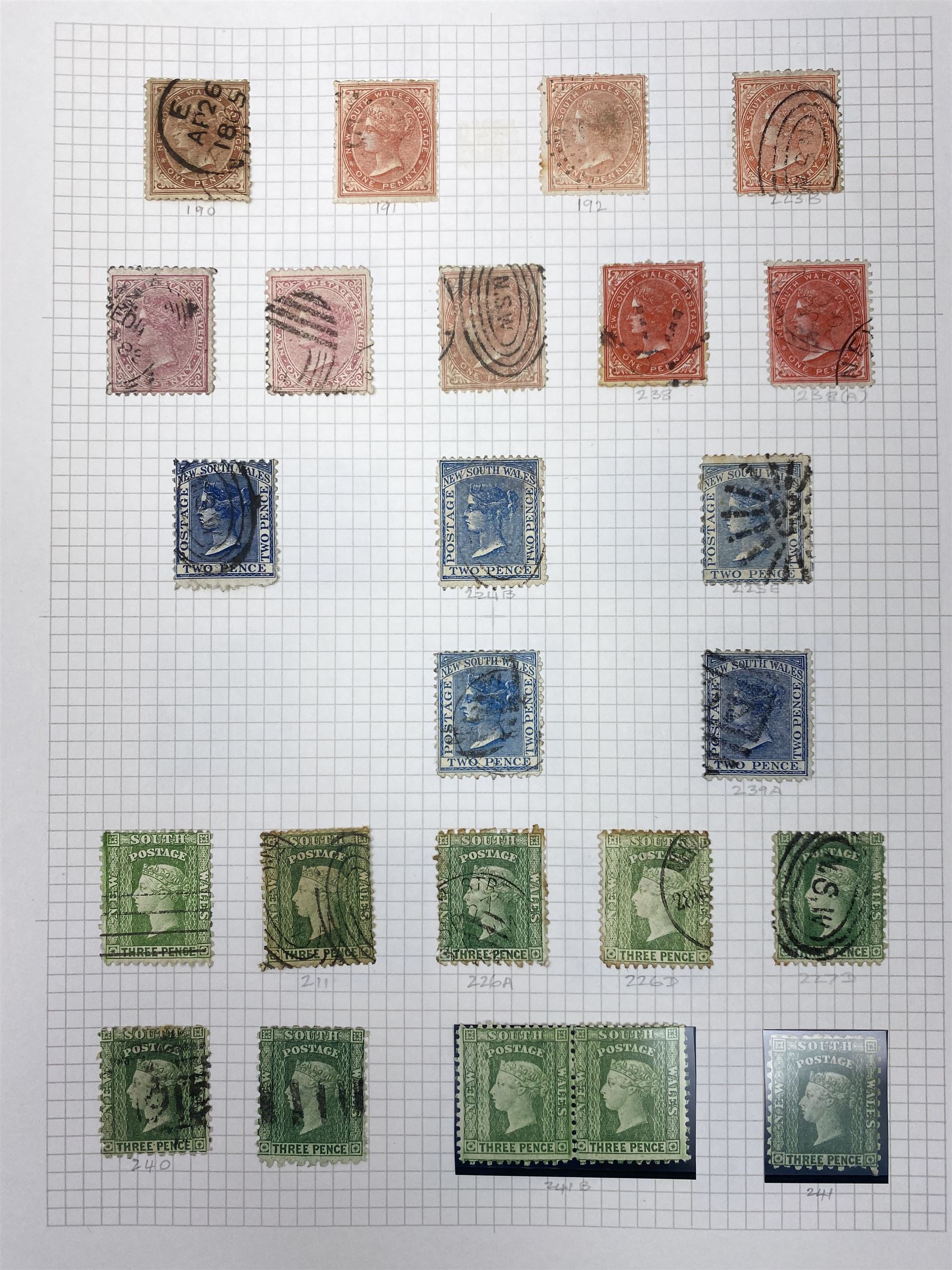Australia New South Wales stamps, including 1850-4 various imperf issues, 1854-6 including five pence, six pence, one shilling etc, 1856-60 registered letter stamps, 1861-88 five shillings etc, housed on pages
