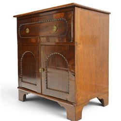 George III mahogany converted commode cabinet, rectangular top over single drawer with egg-and-dart moulding, over two arched panelled cupboard doors, on bracket feet