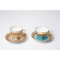 Brown-Westhead, Moore & Co cabinet cup and saucer, with rope twist moulded handle, hand-painted with floral reserves against a white and sky blue ground, heightened profusely with gilt, together with a pink hand-painted example, and a 19th century spill vase and twin-handled covered sucrier (4)
