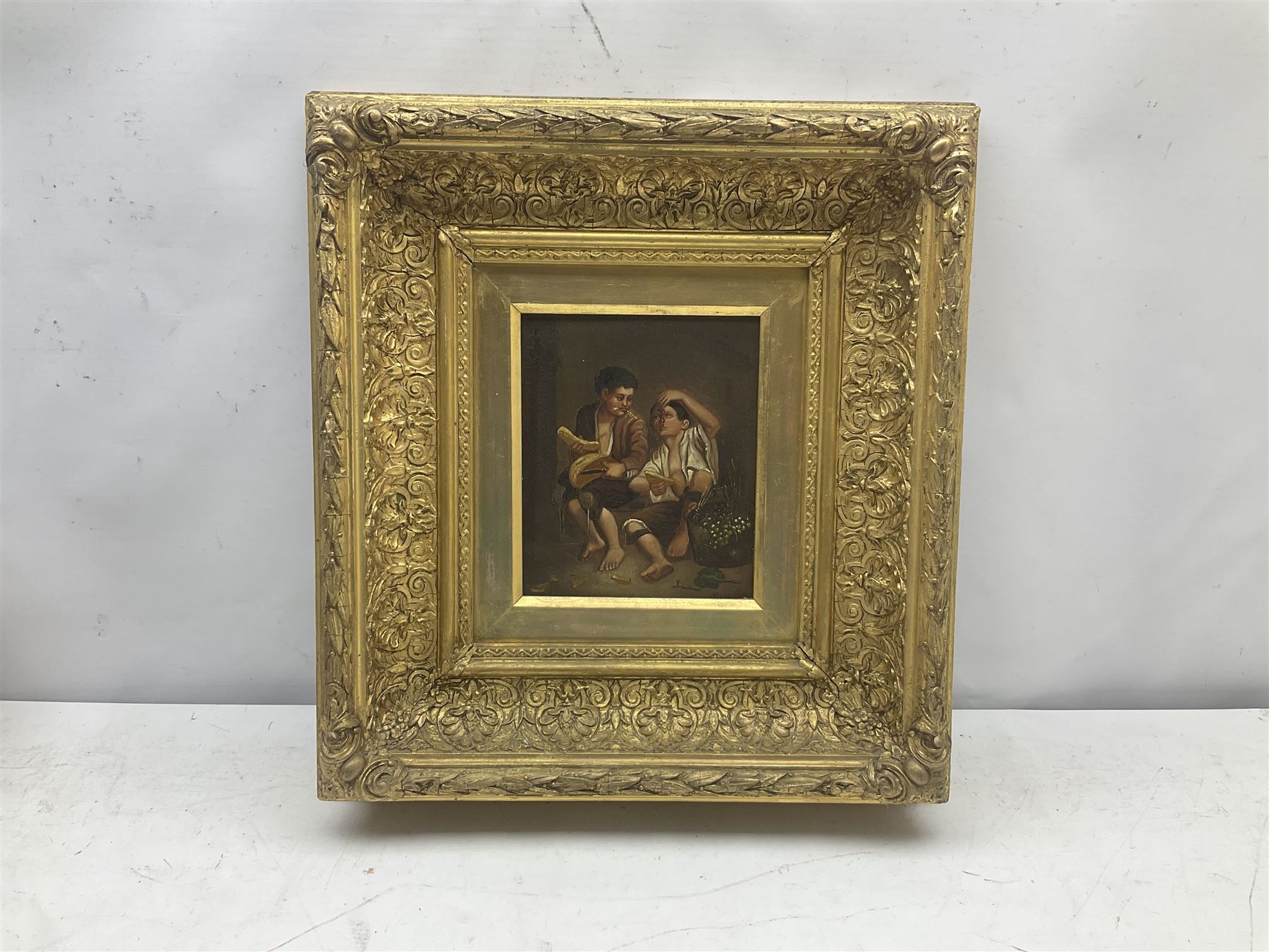 After Bartolomé Esteban Murillo (Spanish 1618-1682): 'Grape and Melon Eaters', oil on tin signed 'Murillo', in ornate gilt frame 19cm x 16cm