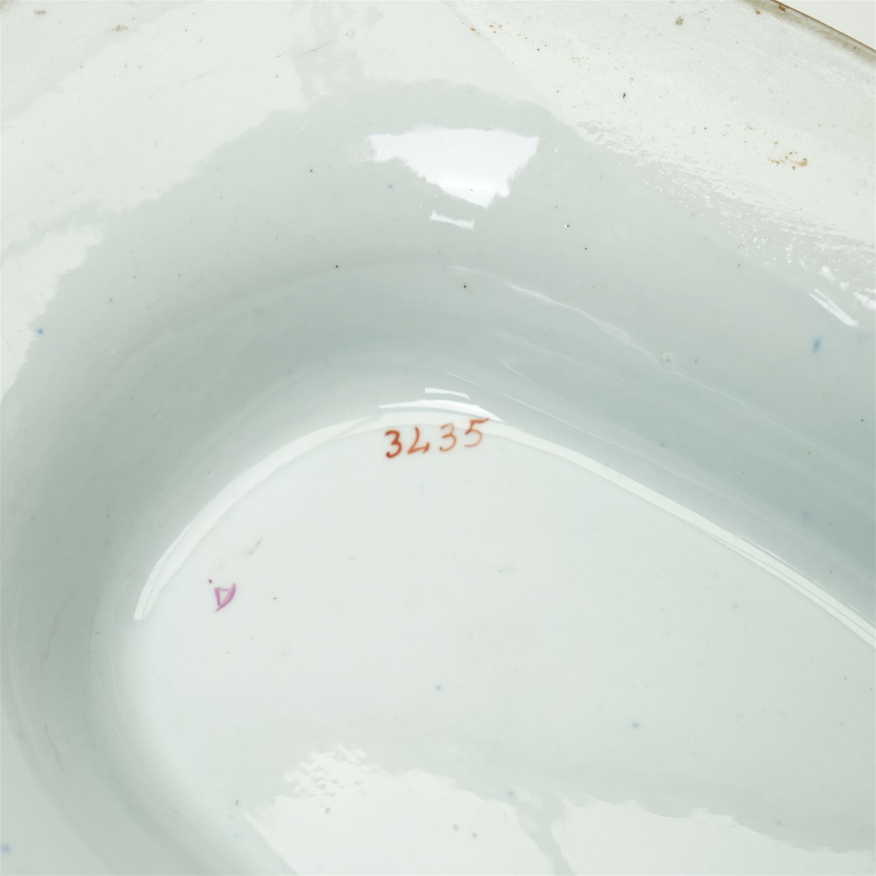 19th century Spode New Stone China dessert service, comprising sauce tureen with cover stand and ladle, large two handled serving dish and smaller example, two others, and seven plates, with chinoiserie decoration, impressed marks to bases 