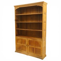 Beaverman - Yorkshire oak open bookcase, with adjustable shelves, panelled sides and lower cupboard doors, with carved beaver signature, by Colin Almack of Sutton near Thirsk