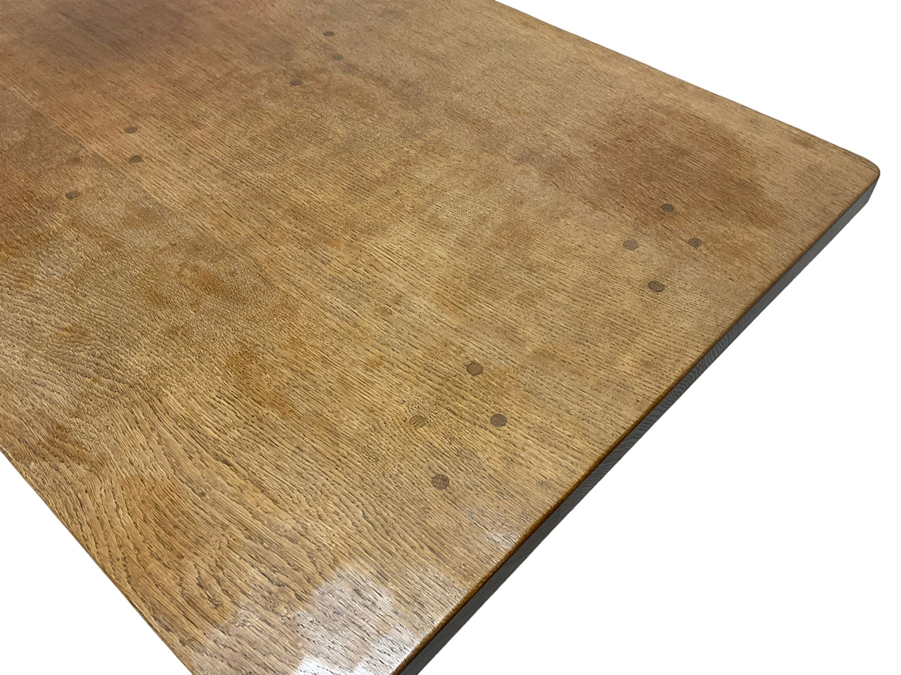 Mouseman - oak 6' refectory dining table, rectangular adzed and pegged top, two octagonal pillar supports on sledge feet joined by floor stretcher,  carved with mouse signature, by the workshop of Robert Thompson, Kilburn
