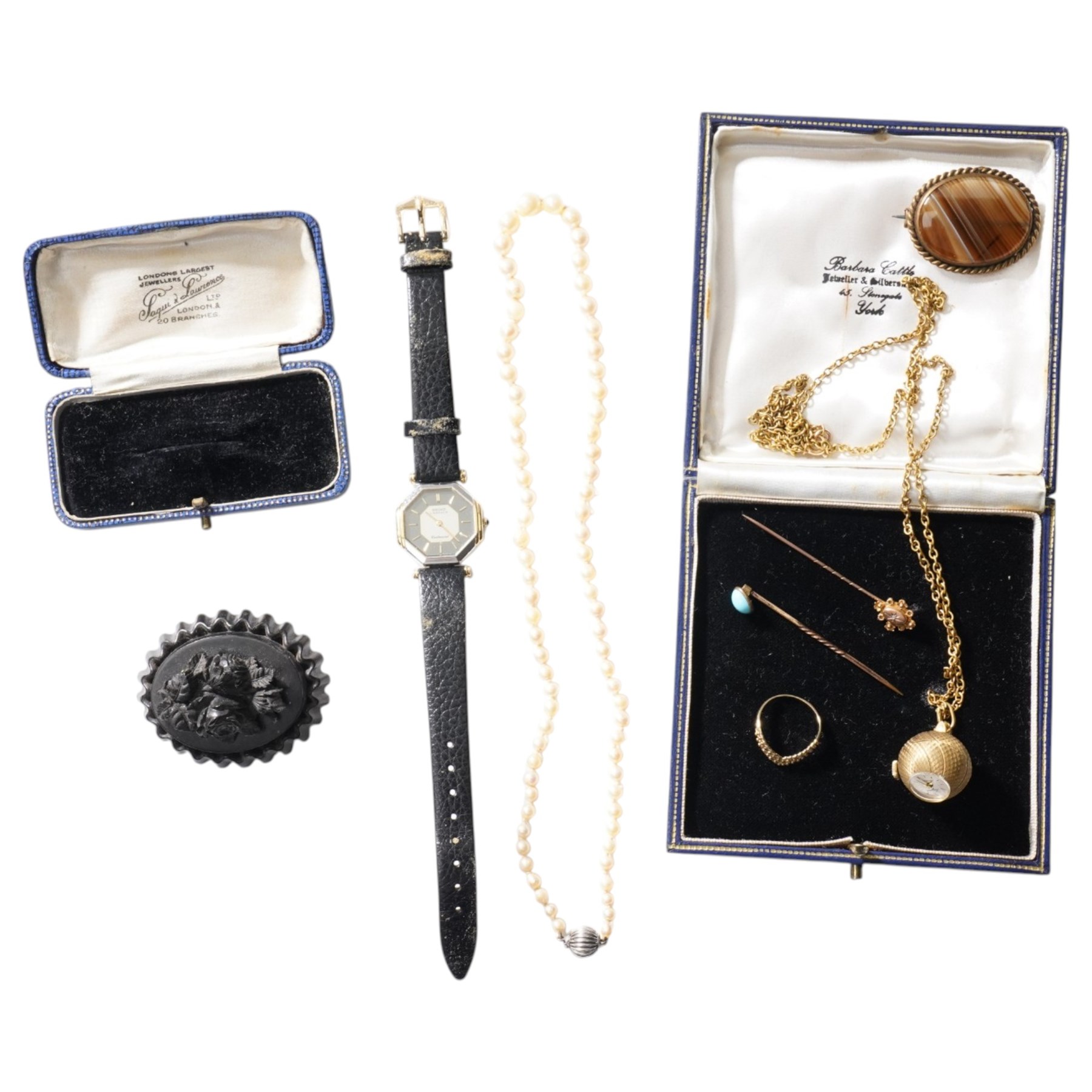 Gold wishbone ring and gold stick pin, both 9ct, pearl necklace with silver clasp, vulcanite brooch and other costume jewellery 