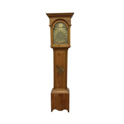 Joseph Wood of Scarborough -  mid 18th century 30 hour pine cased Longcase clock with a flat pediment and broad cornice, break arch hood door with attached pilasters, rectangular trunk with a flat topped full length door with  inlay, on a rectangular plinth with a shaped base, brass dial with cast spandrels and makers name to the arch, plain dial centre with a square date aperture and original steel hands, chapter with Roman numerals, five minute Arabic's and minute track, dial pinned directly to a rope driven countwheel striking movement, striking the hours on a bell. With weight and pendulum. 
Joseph Wood is recorded as a clockmaker in Whitby c1760, however a number of his clocks are found signed Scarborough. It is thought he probably moved to Scarborough later in the 18th century or he possibly sold his clocks via a journeyman in Scarborough.