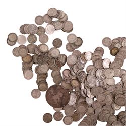 Approximately 418 grams of Great British pre-1920 and approximately 300 grams of Great British pre-1947 silver threepence coins, together with a Queen Victoria 1890 silver one crown coin and a Queen Elizabeth II 1965 'Churchill' one crown coin