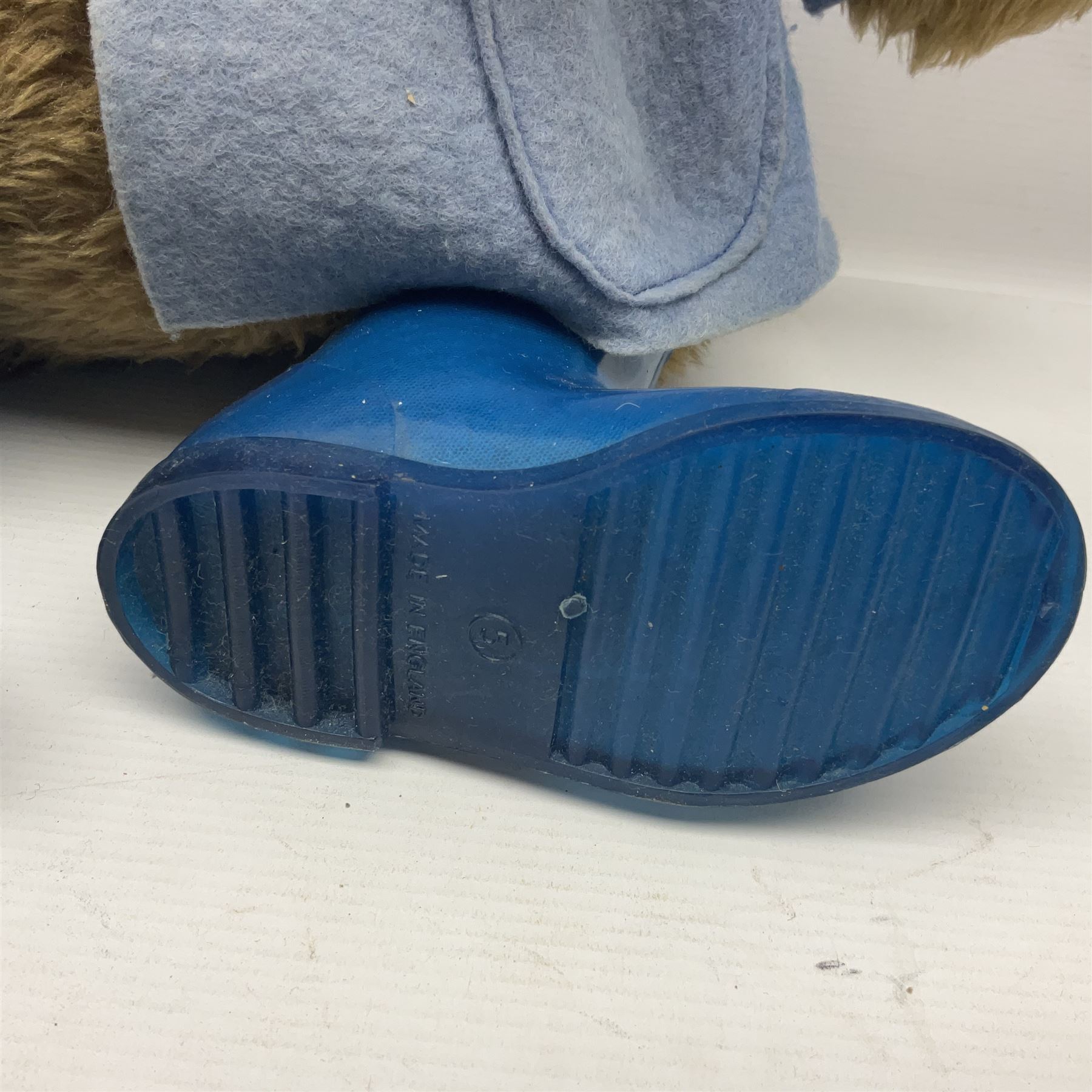 Paddington Bear with plush covered body, brown felt hat, pale blue duffle coat and blue wellingtons H54cm
