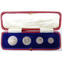  Great British King George VI 1930 Maundy money set fourpence, threepence, twopence and penny, in rectangular red 'Maundy Money' case  