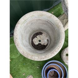 Large cast stone garden urn on wrought, cast iron base, with cast stone bird bath, planters and glazed pots - THIS LOT IS TO BE COLLECTED BY APPOINTMENT FROM DUGGLEBY STORAGE, GREAT HILL, EASTFIELD, SCARBOROUGH, YO11 3TX