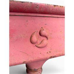 Edwardian heavy cast iron rainwater hopper, with water motif, painted in pale red finish