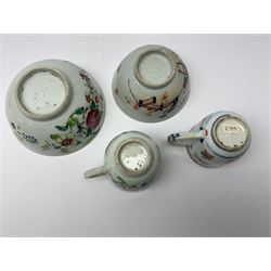 Group of 18th century Chinese tea wares, comprising tea bowl and saucer decorated with peonies, two birds and fence, tea bowl and similar saucer decorated in prunus blossom, two saucers decorated in the Mandarin style with figures conversing, blue and white saucer, and two coffee cups