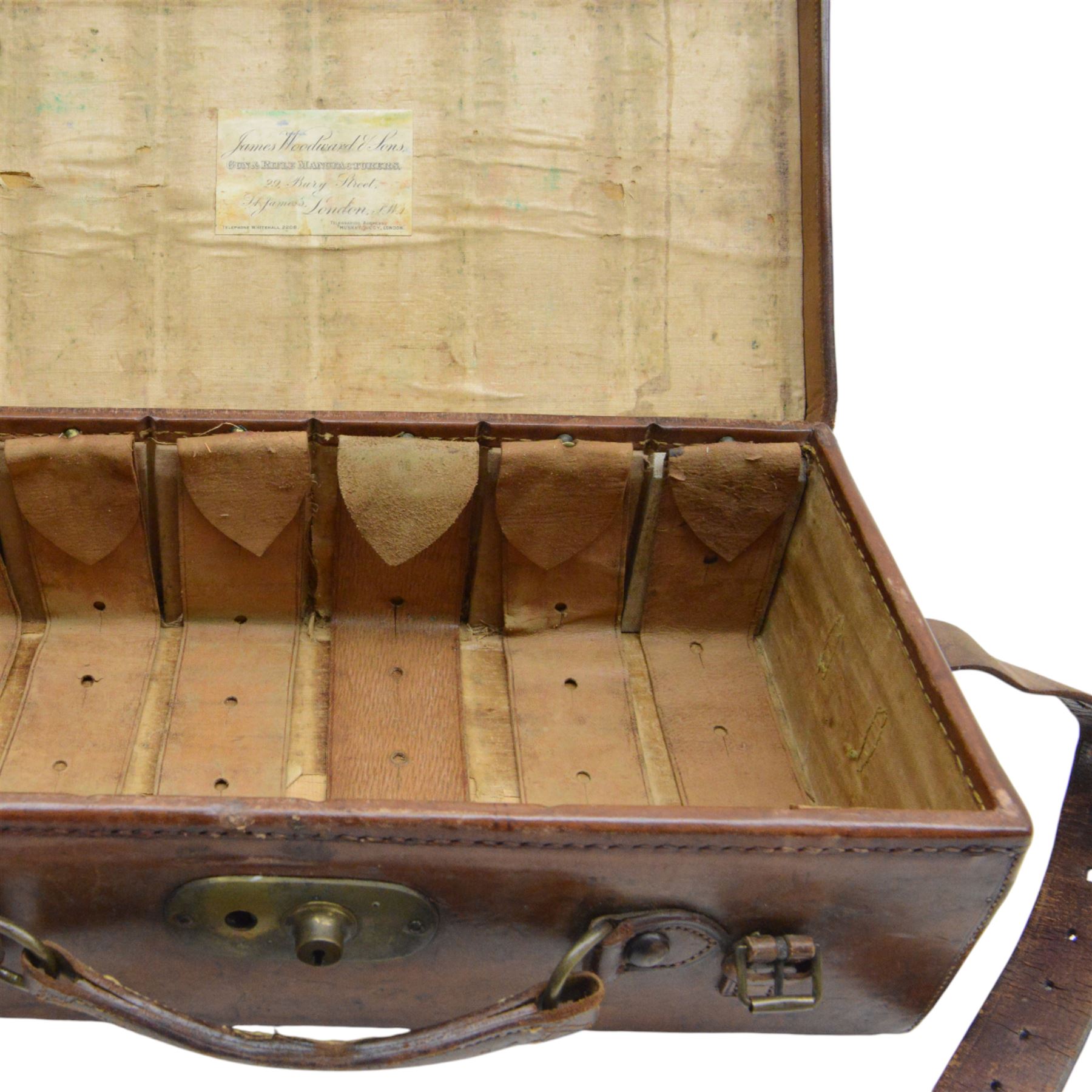 Leather six division shotgun cartridge box with the label of James Woodward, London W47cm