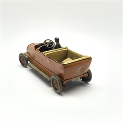Early 20th century Lehmann clockwork tin-plate open top car with chauffeur, the bonnet inscribed 'Velleda', folding seats and bench seat to the back and integral key, various patent dates up to 1913, L25cm