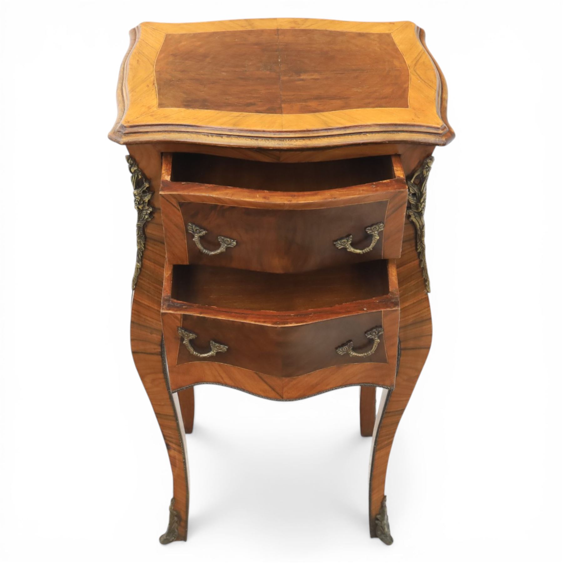 Louis XV style kingwood bedside chest, shaped and crossbanded top above two bombe drawers with cast brass handles, the sides applied with ormolu mounts, on slender cabriole legs terminating in metal sabots